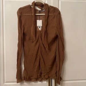 Zara chiffon sheer blouse with neck tie detail sz.XL